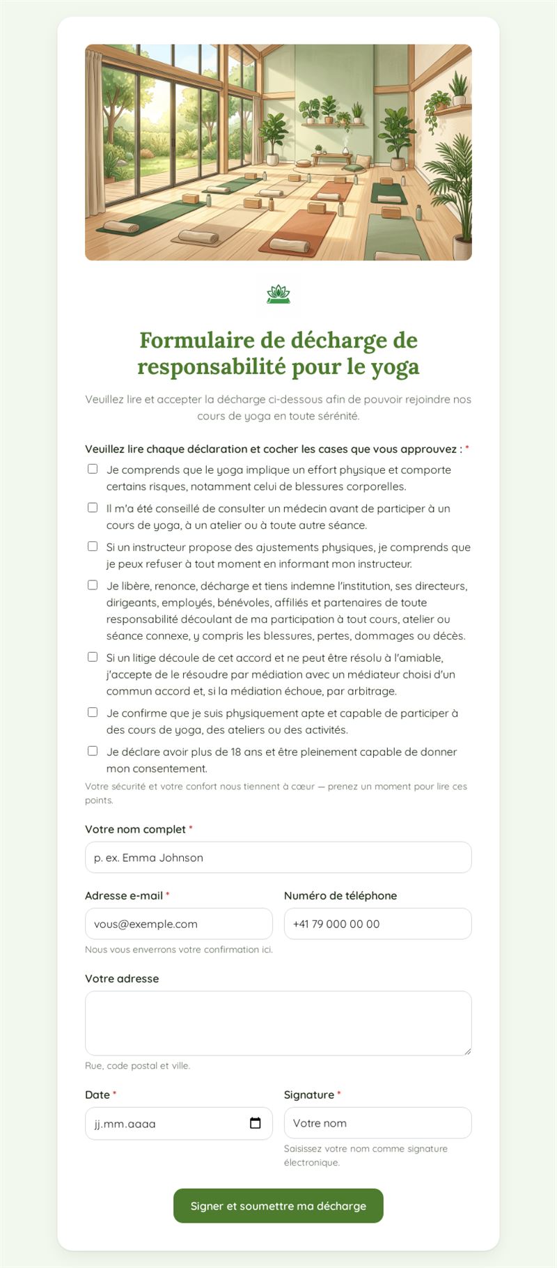 Formulaire de renonciation Yoga